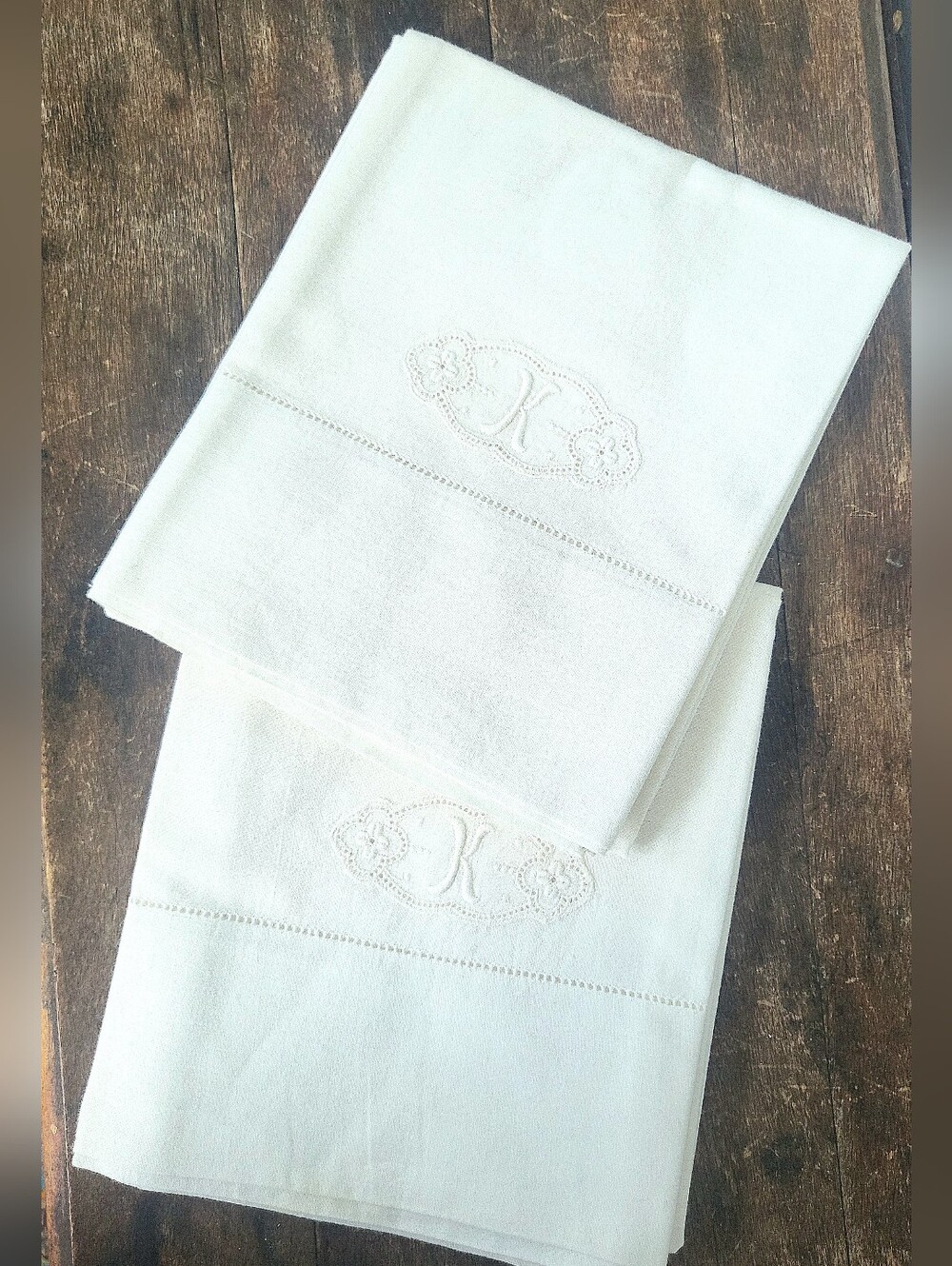 Vintage Monogram Inital "K"  Ivory Linen Cotton Queen Pillowcases Set Of 2